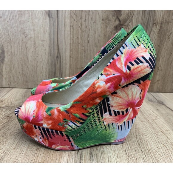 Aldo Women Hazinski Wedge Sandals Floral Fabric Print Slip On Peep Toe Size 6.5 - Picture 3 of 16